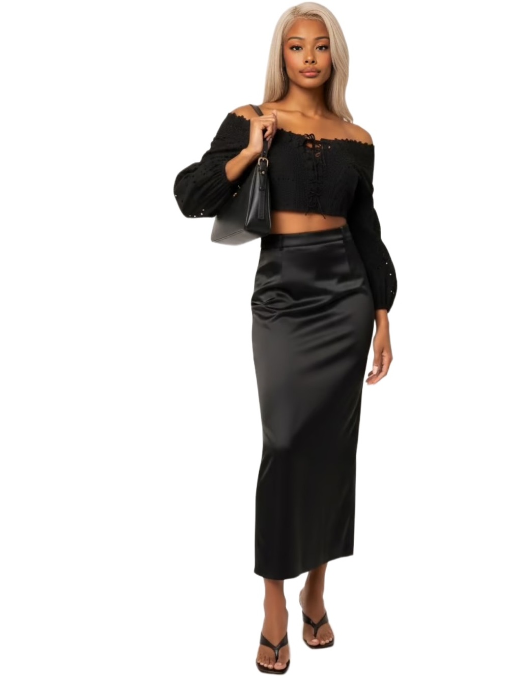 Off-Shoulder Black Lace-Up Eyelet Crop Top